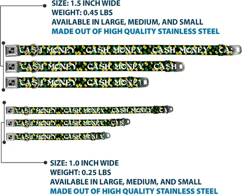 Miniatura 3 de Buckle-Down Collar de perro hebilla de cinturón de seguridad en efectivo dólar negro blanco amarillo verde, multicolor, 1.5 pulgadas de ancho - Se