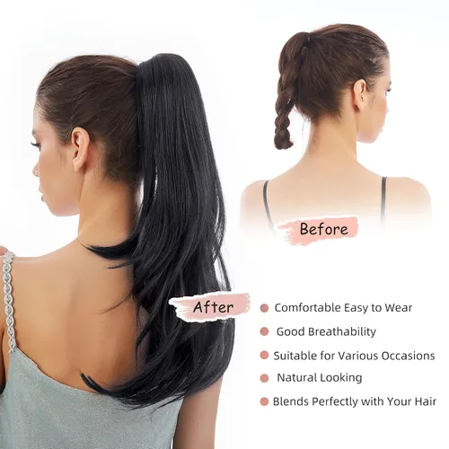 Miniatura 6 de Extensión de Cola de Caballo, Extensión de Cabello con Garra Larga de 20", Piezas de Cabello Sintético Ondulado Liso con Clip en Peluca de Cola
