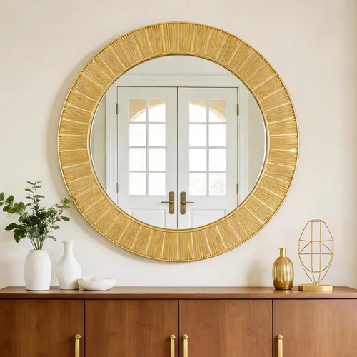 Espejo de pared dorado redondo grande – Espejo de marco de diseño acanalado texturizado de 31 pulgadas, moderno espejo de acento de rayos solares