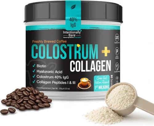 Intentionally Bare Polvo de calostro alimentado con pasto y péptidos de colágeno – Primer ordeño – Polvo de calostro bovino con colágeno, biotina y