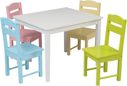 Juego de mesa y 4 sillas de madera para niños, juegos de mesa de actividades para niños pequeños para dibujar lectura arte sala de juegos, muebles