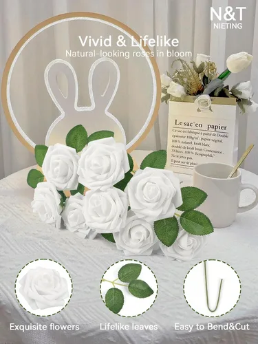 Miniatura 410 de N&T NIETING Flores artificiales, rosas artificiales de color rosa intenso, 50 piezas de flores falsas con tallo para ramos de boda DIY, centros