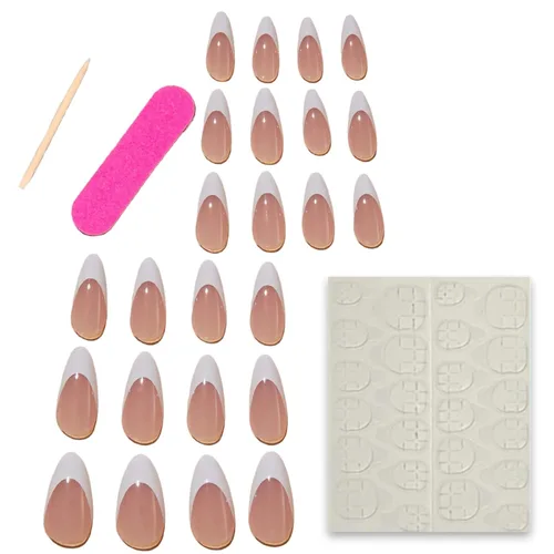 Miniatura 4 de 24 uñas postizas a presión con punta francesa, uñas postizas medianas, cortas, acrílicas, cobertura completa, color blanco, uñas postizas