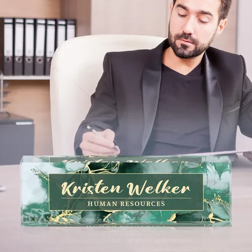 Miniatura 3 de Placa de nombre de escritorio personalizada, placa de nombre de acrílico de mármol verde Phnom Penh, placa de nombre personalizada para escritorio