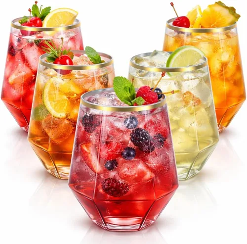 Miniatura 14 de Oojami 40 vasos de 12 onzas irrompibles de plástico sin tallo, para vino, champán, whisky, elegantes, duraderos, desechables, para interiores y negro