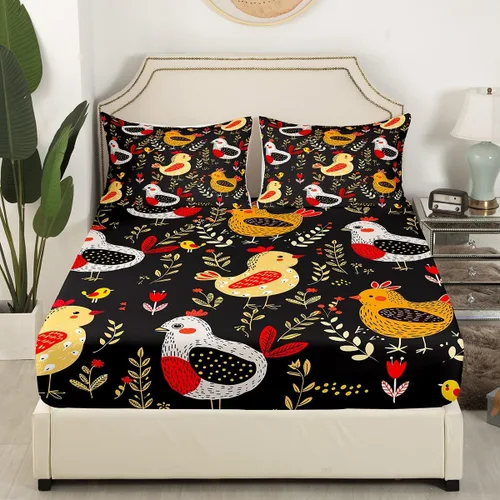 Miniatura 3 de Erosebridal Juego de sábanas tamaño matrimonial de gallo, diseño de animales de granja, estilo rural, rústico, juego de sábanas de pájaros Color 25