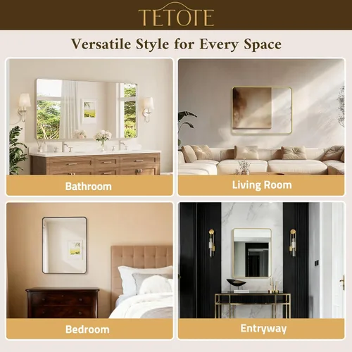 Miniatura 6 de TETOTE Espejo de marco dorado cepillado de 16 x 24 pulgadas, espejo de tocador de baño de latón dorado para pared, espejo enmarcado rectangular