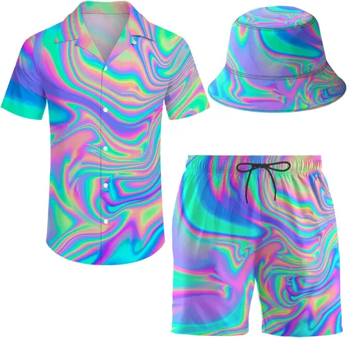 Wdpsuxin Conjunto de 2 piezas para hombre, camisa hawaiana, pantalones cortos, camisa con botones y pantalones cortos con sombreros de pescador