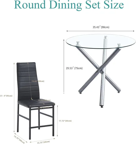 Miniatura 6 de Juego de mesa de comedor redonda negra para 2, mesa de cocina de vidrio templado con 2 sillas de piel sintética, juego de comedor de 5 piezas