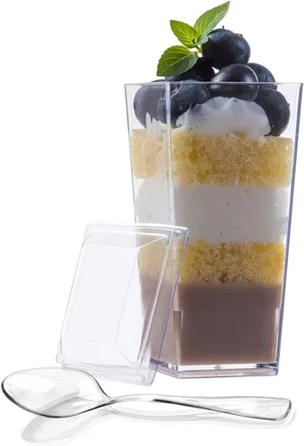 Miniatura 4 de Zappy Mini cubo cuadrado alto de 3 onzas, degustación de plástico transparente, vasos de chupito de muestra, parfait / soufflé de gelatina