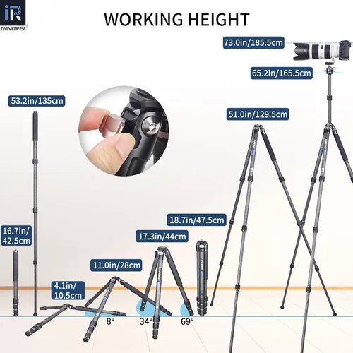 Miniatura 6 de Trípode de fibra de carbono Monopod INNOREL KT254C Trípode de viaje compacto portátil profesional para soporte de cámara DSLR, soporte de tubo