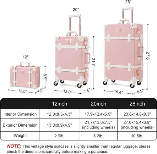 Miniatura 7 de Unitravel Juego de equipaje vintage de 3 piezas para mujer con cerradura TSA, Rosa en relieve.