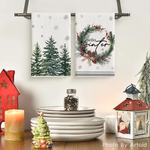 Miniatura 2 de Artoid Mode Árboles de Alce Piñas de Pino Bayas de Acebo Hola Invierno Toallas de Cocina, Toallas de Mano de Decoración de Navidad con Moño de 4