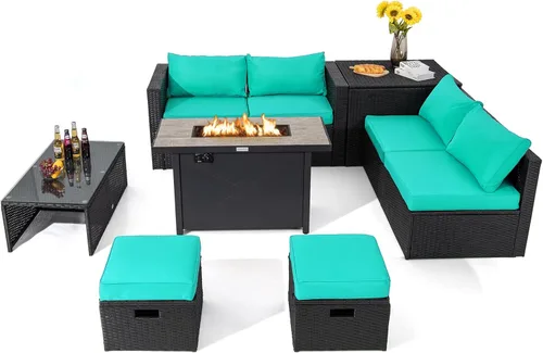 Miniatura 12 de Tangkula Sofá modular de mimbre para exteriores de 9 piezas con mesa de fogata de gas de 42 pulgadas y 60,000 BTU, juego de conversación de patio