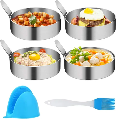 Miniatura 3 de Anillo grande para huevos de 3 pulgadas, paquete de 6 moldes antiadherentes de acero inoxidable para huevos fritos con cepillo de aceite y clips