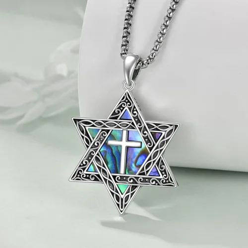 Miniatura 3 de CRMAD Collar de plata de ley con cruz de David, símbolo de paz, urnas, árbol de la vida, concha de abulón, joyería judía para mujeres y hombres