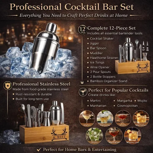 Miniatura 3 de Juego de coctelera personalizada con soporte de bambú, kit de camarero profesional de 12 piezas, juego de herramientas de barra de acero inoxidable