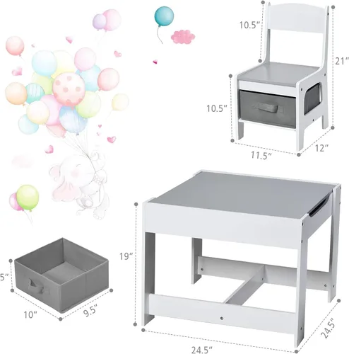 Miniatura 6 de Fireflowery - Juego de mesa y silla para niños, mesa de actividades de madera 3 en 1 con cajón de almacenamiento y pizarra desmontable, escritorio