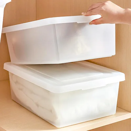 Miniatura 7 de Paquete de 4 cajas apilables de plástico de 25 litros con tapas, contenedor para organizar zapatos y manualidades en estantes de armario, garaje
