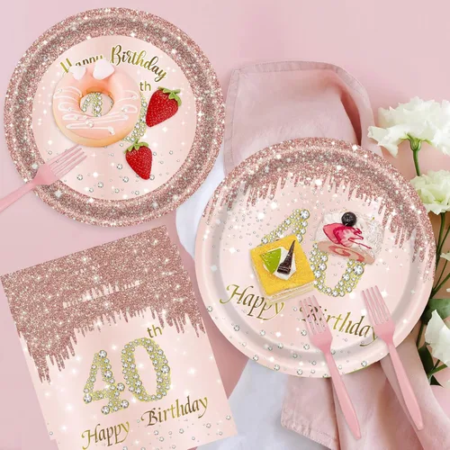 Miniatura 3 de 121 piezas de suministros para fiesta de 40 cumpleaños, platos, servilletas, tazas, tenedores, mantel, decoración temática de 40 cumpleaños en oro
