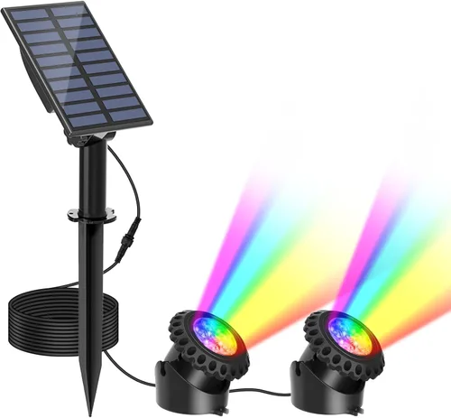 T-SUN Luces solares para estanque, 2 focos LED RGB, luces sumergibles bajo el agua, luz solar para tanque de peces para fuente de jardín, estanque,