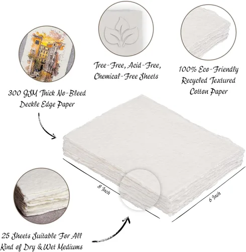 Miniatura 4 de LEATHER VILLAGE Papel para acuarela, 140 lb (300 g/m²), 8x6 pulgadas, 25 hojas, papel artesanal con borde envejecido, texturizado, para medios