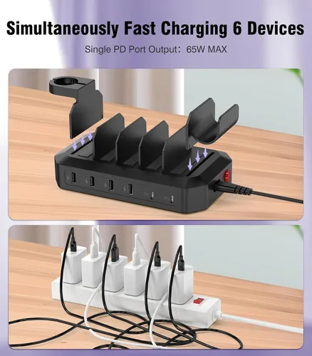 Miniatura 6 de Estación de carga rápida de 95W para múltiples dispositivos【Certificados de patente y seguridad】 Estación de carga USB de 6 puertos con 2 puertos PD