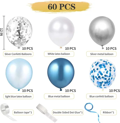 Miniatura 4 de 60 globos de confeti azul plateado y blanco de 12 pulgadas, globos de color blanco azul claro, globos plateados metálicos, globos de confeti