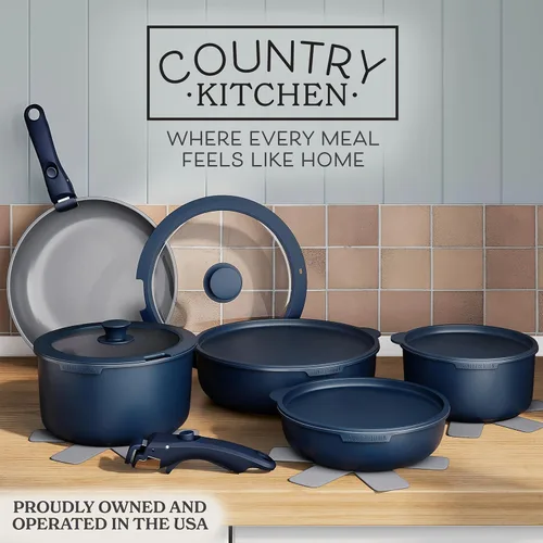 Miniatura 2 de Country Kitchen Juego de utensilios de cocina con mango extraíble, juego de ollas y sartenes aptas para horno y autocaravana, denim, original