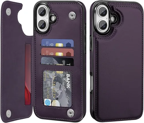 Miniatura 14 de Bizzib para iPhone 16 Plus funda tipo billetera con soporte para tarjetas, funda protectora a prueba de caídas y golpes de poliuretano premium