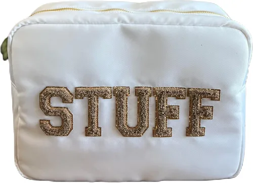Miniatura 4 de SkyTen - Bolsa de maquillaje con letras de chenilla, estuche de nailon para cosméticos, organizador de viaje Glam Stoney Trébol Dupe, Negro -, Bolsa