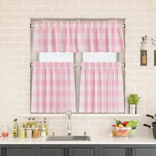 Miniatura 127 de Cenefas de cortina para ventana de 16 pulgadas de largo, 2 paneles de cuadros búfalo, cortinas pequeñas con bolsillo para barra, estilo clásico