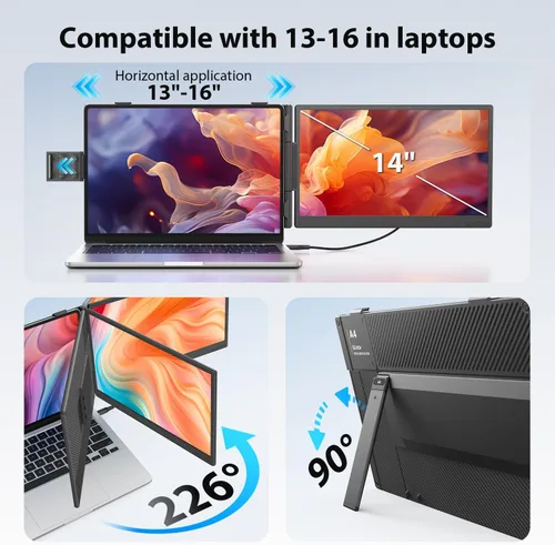 Miniatura 6 de APILDELLA Extensor de pantalla dual para portátil de 14 pulgadas, monitor extendido para laptop FHD de 1080P con altavoz, segundo monitor Plug-Play