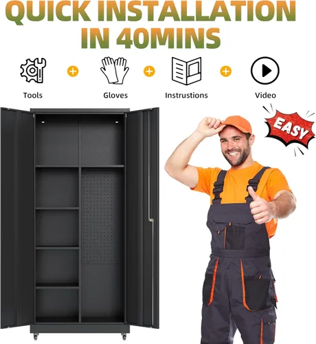 Miniatura 9 de Armario de Almacenamiento de Metal para Garaje con Ruedas, Armario para Escobas con Cerradura con Estantes Ajustables, Gabinete de Herramientas