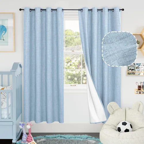 Miniatura 51 de Cortinas Opacas de Lino Azul Bebé para Guardería de 40 Pulgadas de Largo, 2 Paneles, Cortinas Cortas con Aislamiento Térmico Boho de Bloqueo Total