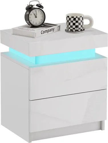 Miniatura 4 de CLIPOP Moderna mesita de noche, mesita de noche LED con 2 cajones de alto brillo, armario de mesita de noche con luz de control remoto, mesita