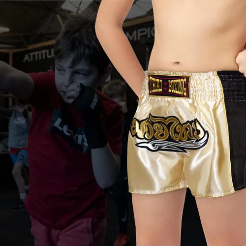 Miniatura 6 de SIAMKICK Pantalones cortos de Muay Thai para niños (4 años a 10 años), boxeo, kickboxing, artes marciales mixtas para niños y niñas