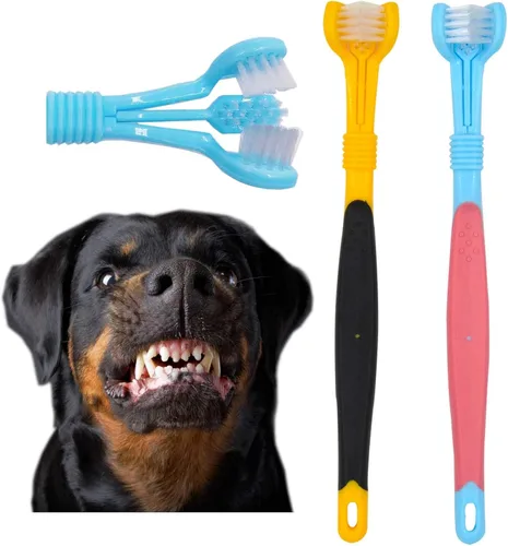 Cepillos de dientes para perros, 2 unidades, azul amarillo, adecuados para perros adultos, diseño de tres caras para una fácil limpieza de los