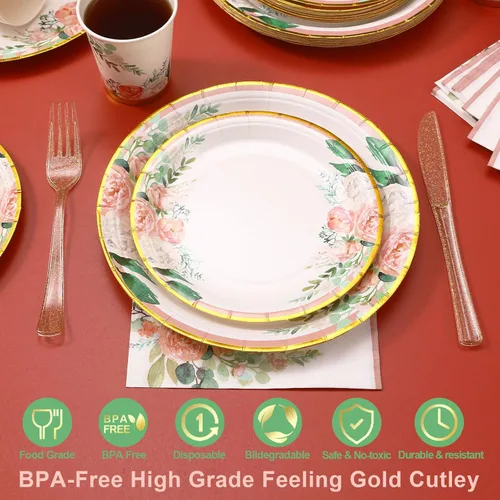 Miniatura 3 de HAPRAY - Conjunto floral de platos desechables y servilletas para 24 invitados, incluye platos, vasos, cuchillos, cucharas y tenedores para baby