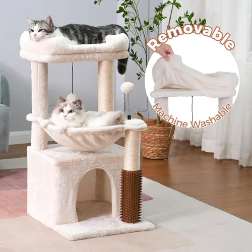 Miniatura 5 de Árbol para gatos pequeños de 32 pulgadas para gatos grandes, torre para gatos adultos con poste rascador, hamaca grande de 15.7 pulgadas y auto Beige