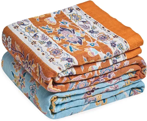 Miniatura 30 de Cobija para cama de estilo bohemio, 100 % algodón, ultra suave, edredón rústico, cobija de otoño, estampado floral, cobija grande rústica para sofá
