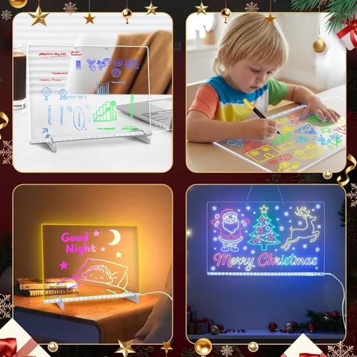 Miniatura 7 de Tablero de dibujo LED con 8 colores, pizarra acrílica de borrado en seco de 13 x 10 pulgadas con 13 efectos de luz, tablero de garabatos brillantes