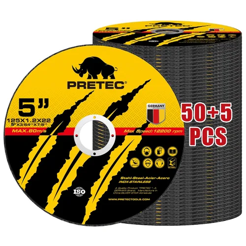 Ruedas de corte de 5", PRETEC 50+5 Pack de rueda de corte de metal, discos de corte rápido delgados de 125mm de metal y acero inoxidable para