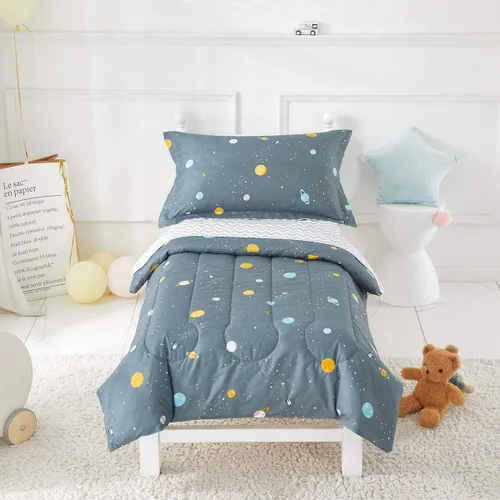 Miniatura 10 de Juego de ropa de cama para niños pequeños, color azul marino con autos coloridos, incluye 1 edredón para niños, sábana encimera, sábana bajera
