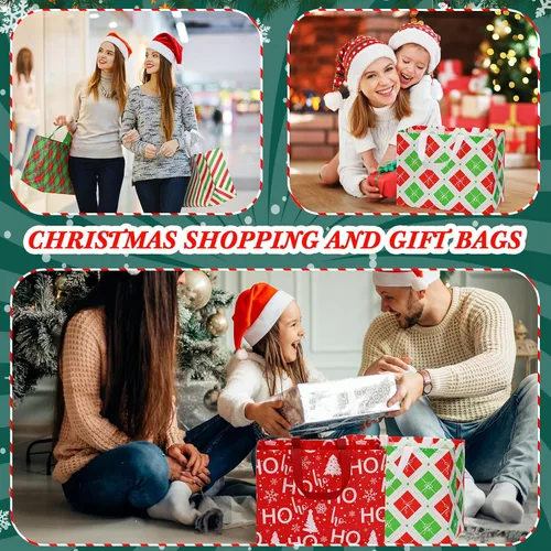 Miniatura 4 de Sanwuta 24 Bolsas de Navidad a Granel para Regalos 12.8 x 9.8 x 6.7 Pulgadas Bolsas Grandes de Transporte para Comestibles con Asas Rojas Verdes a
