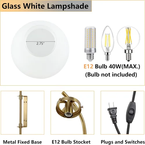 Miniatura 4 de ELEHINSER Juego de 2 apliques de pared dorados con pantalla de globo, modernas lámparas de pared enchufables para interiores con interruptor, luz