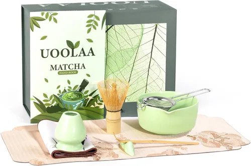 Traditional Matcha Tea Set, 8-Piece Complete Matcha Kit Set with Chawan Ceramic Bowl with Spout, Bamboo Whisk and Holder, Scoop, Sifter, Tea Towel