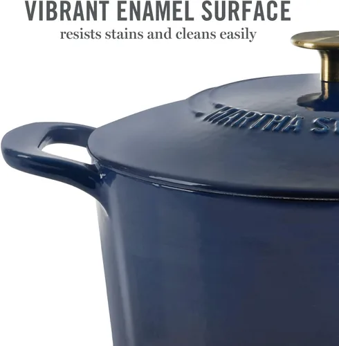 Miniatura 3 de MARTHA STEWART Gatwick - Olla holandesa de hierro fundido esmaltado de 7 cuartos de galón con tapa, color azul marino con perilla dorada, horno