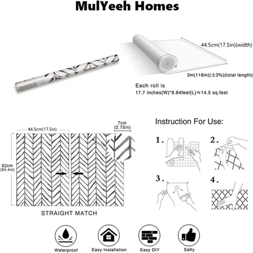 Miniatura 5 de MulYeeh Papel tapiz adhesivo de 17.7 x 118 pulgadas, diseño de espiga de espiga en blanco y negro, extraíble, prepegado, decorativo