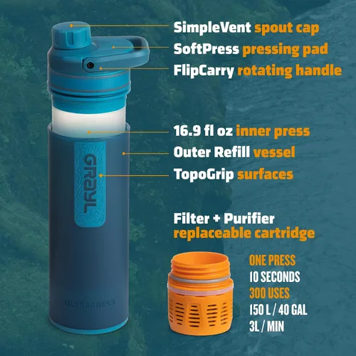 Miniatura 6 de GRAYL UltraPress - Purificador de agua y botella de filtro para senderismo, mochileros y viajes (azul bosque)